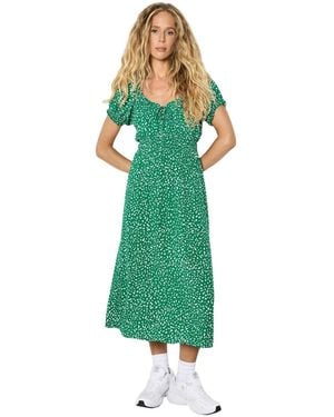 Apricot Milkmaid Midi Spot Printed Smocked-waist Puff-sleeve Dress - Green