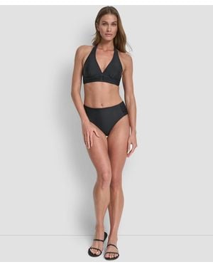 DKNY Shirred Buckle Front V-neck Halter Top - Black
