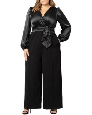 Kiyonna Plus Size Refined Satin Wide Leg Jumpsuit - Black