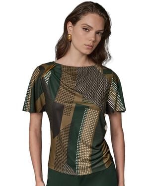 Donna Karan Printed Jersey Boat Neck Top - Green