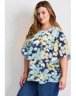 Avenue Flutter Sleeve Keyhole Blouse - Blue