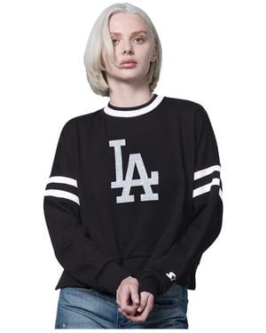 Starter Black/cream Los Angeles Dodgers Rally Cropped Drop Shoulder Crewneck Sweatshirt - Blue