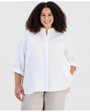 Charter Club Plus Size Linen Roll-tab Sleeve Button-front Tunic - White