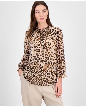 BarIII Animal-print Ruffled Tie-neck Blouse - Natural