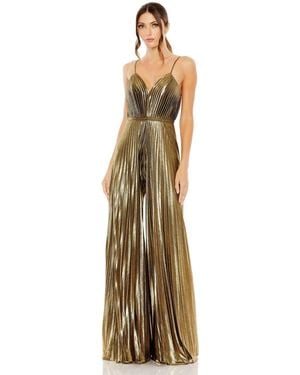 Mac Duggal Petite Metallic Pleated Wide-leg V-neck Jumpsuit