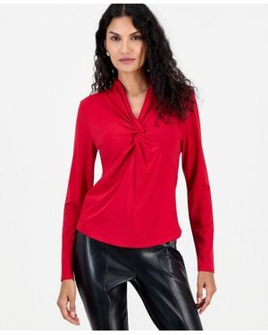 Tahari Long-sleeve V-neck Twist-front Blouse - Red