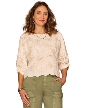 Democracy Petite Embroidered Boat Neck Woven Top - Green