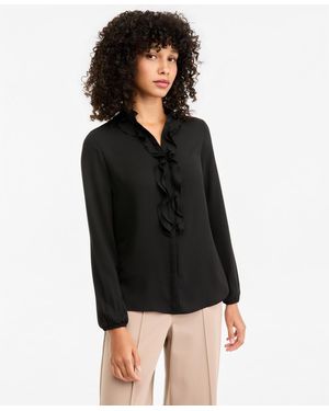 BarIII Ruffle-front Long-sleeve V-neck Blouse - Black