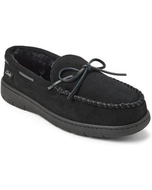 Clarks Genuine Cow Suede Moccasin With Leather Lacing And Tipped Faux Fur Slippers - Black