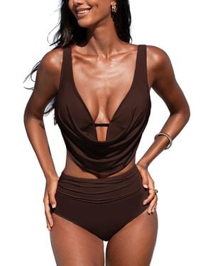 CUPSHE Deep V Cowl Neck Ruching Bikini Sets - Black
