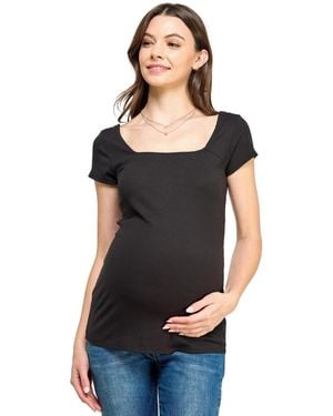 Hello Miss Maternity Ribbed Square Neck Short Sleeve Top - Black
