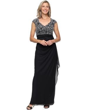 Alex Evenings Lace-bodice Cap-sleeve Gown - Black