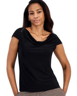Kasper Petite Cowl Neck Cap-sleeve Blouse - Black