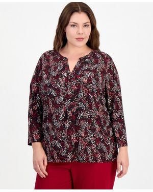 Anne Klein Essentials Plus Size Henley 3/4-sleeve Printed Top - Red