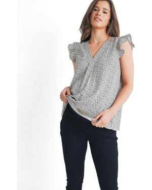 Hello Miss Printed Flutter Cap Sleeve V-neck Maternity Top - Gray