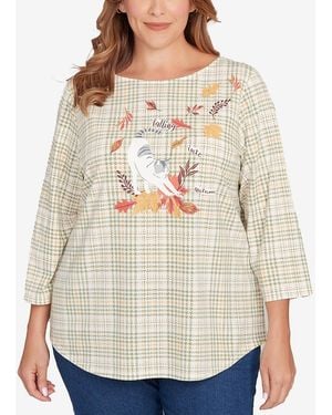 Ruby Rd. Plus Size Autumn Cat Houndstooth Top - Natural