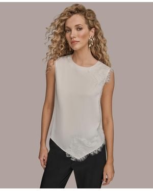 Donna Karan Sleeveless Embellished Lace Trim Top - White
