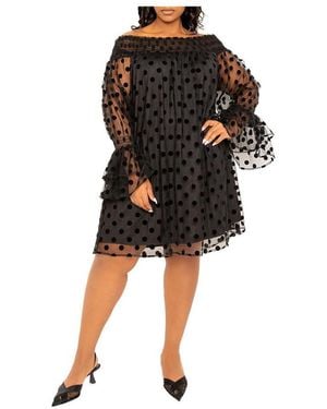 Buxom Couture Plus Size Off Shoulder Polka Dot Dress - Black