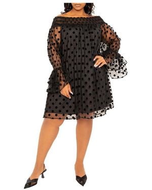 Buxom Couture Plus Size Off Shoulder Polka Dot Dress - Black