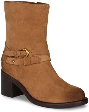 Vince Camuto Armia Cross Buckle Block Heel Almond Toe Booties - Brown