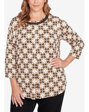 Ruby Rd. Plus Size Mesh Textured Geo Puff Print Top - Natural