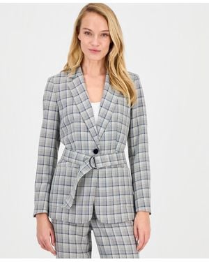 Anne Klein Plaid Belted Notch-collar One Button Blazer - Gray