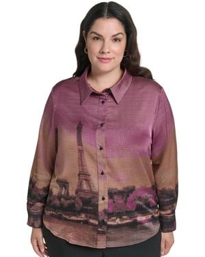 KARL LAGERFELD Plus Size Button-down Collared Long-sleeve Blouse - Purple
