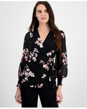 売れ筋商品|||アンクライン カットソー トップス レディース Women's Floral-Print Smocked Wrap Top Anne Black Pink Multi Anne Klein Print Wrap Top In Anne Black Pink Multi | ModeSens