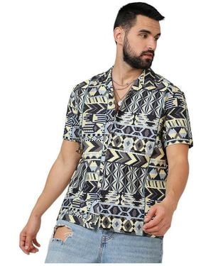 Campus Sutra Sky & Lemon Yellow Bohemian Shirt - Blue