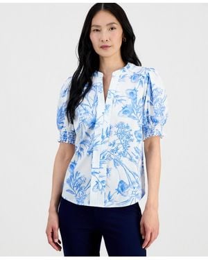 Tahari Printed Split-neck Top - Blue