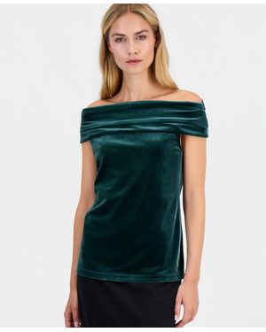 Anne Klein Off-the-shoulder Ruched Velvet T-shirt - Green