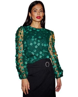 Yumi' Long Sleeve Sheer Floral Top - Green