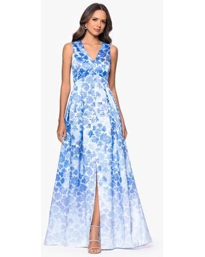 Betsy & Adam Petite V-neck A-line Gown - Blue