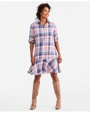 Style & Co. Plaid Long-sleeve Peplum Dress - Red