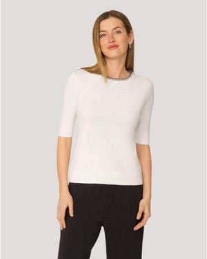 Cable & Gauge Elbow Sleeve Pick Stitch Trim Sweater - White