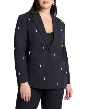 Eloquii Plus Size Pearl Detail Blazer - Blue