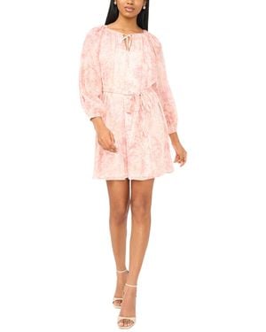 Msk Petite Printed Long-sleeve Round Neck Dress - Pink