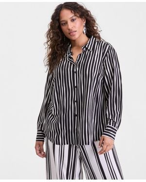 INC International Concepts Plus Size Printed Button-up Top - Gray