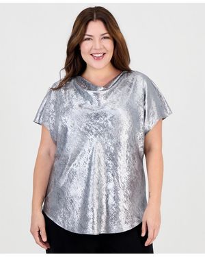 Anne Klein Plus Size Bateau Cowl Neck Metallic Short Sleeve Blouse - Gray