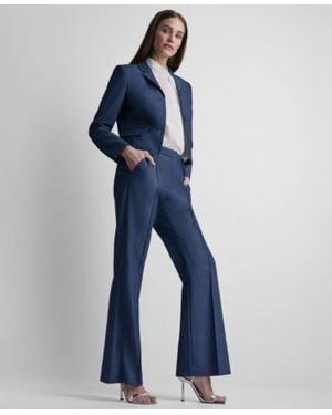 DKNY Petite Dressy Denim Notch Collar Cropped Jacket Straight Fit Denim Pants - Blue