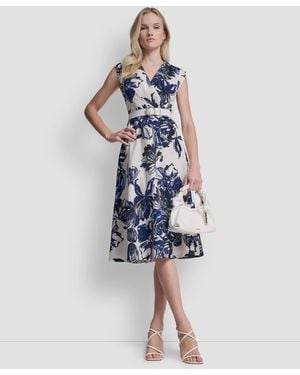 DKNY Cap Sleeve Surplice Neck Belted Midi Dress - Blue
