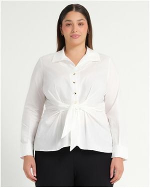 Estelle Plus Size Leo Collared V-neck Button Tie-front Shirt - White