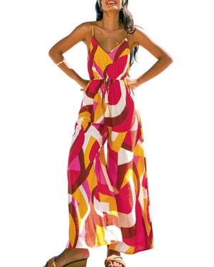 CUPSHE Printed V-neck Wide-leg Jumpsuit - Red