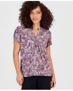 Anne Klein Essentials Printed Tulip Sleeve Top - Red