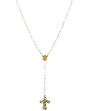 Symbols of Faith Gold-tone Crucifix Sapphire Stones Imitation Pearl Beaded Chain Rosary - Metallic