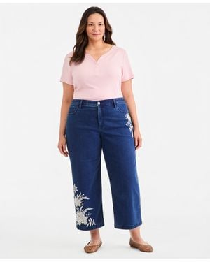 Style & Co. Plus Size High-rise Wide-leg Embroidered Ankle Jeans - Blue