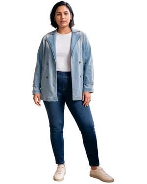 Avenue Plus Size Cropped Notch Lapel Denim Trench Jacket - Blue
