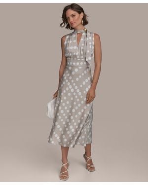 Donna Karan Dot-print Tie-neck A-line Dress - Natural