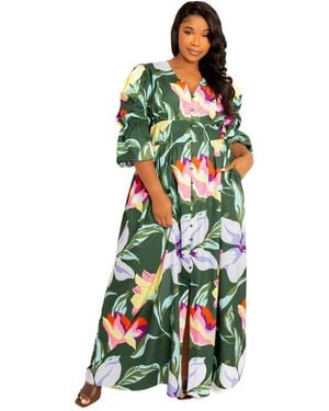 Buxom Couture Plus Size Floral Puff Sleeve Maxi Dress - White