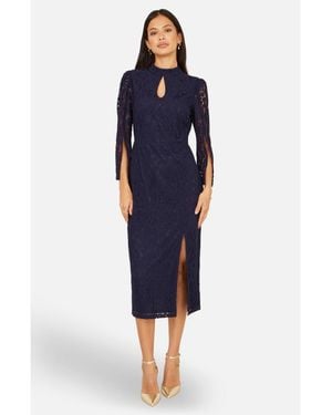 Yumi' Lace Fitted Midi Dress - Blue
